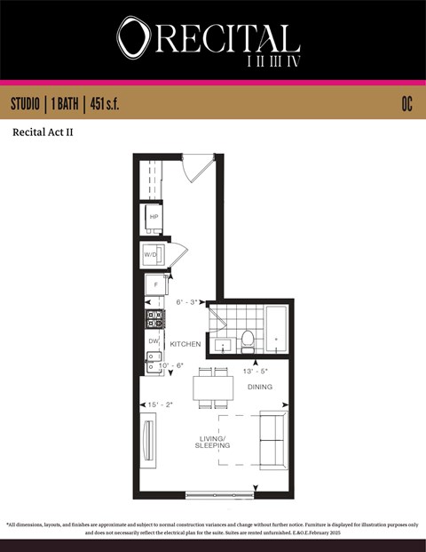 A floor plan for a studio apartment with a kitchen and dining area.